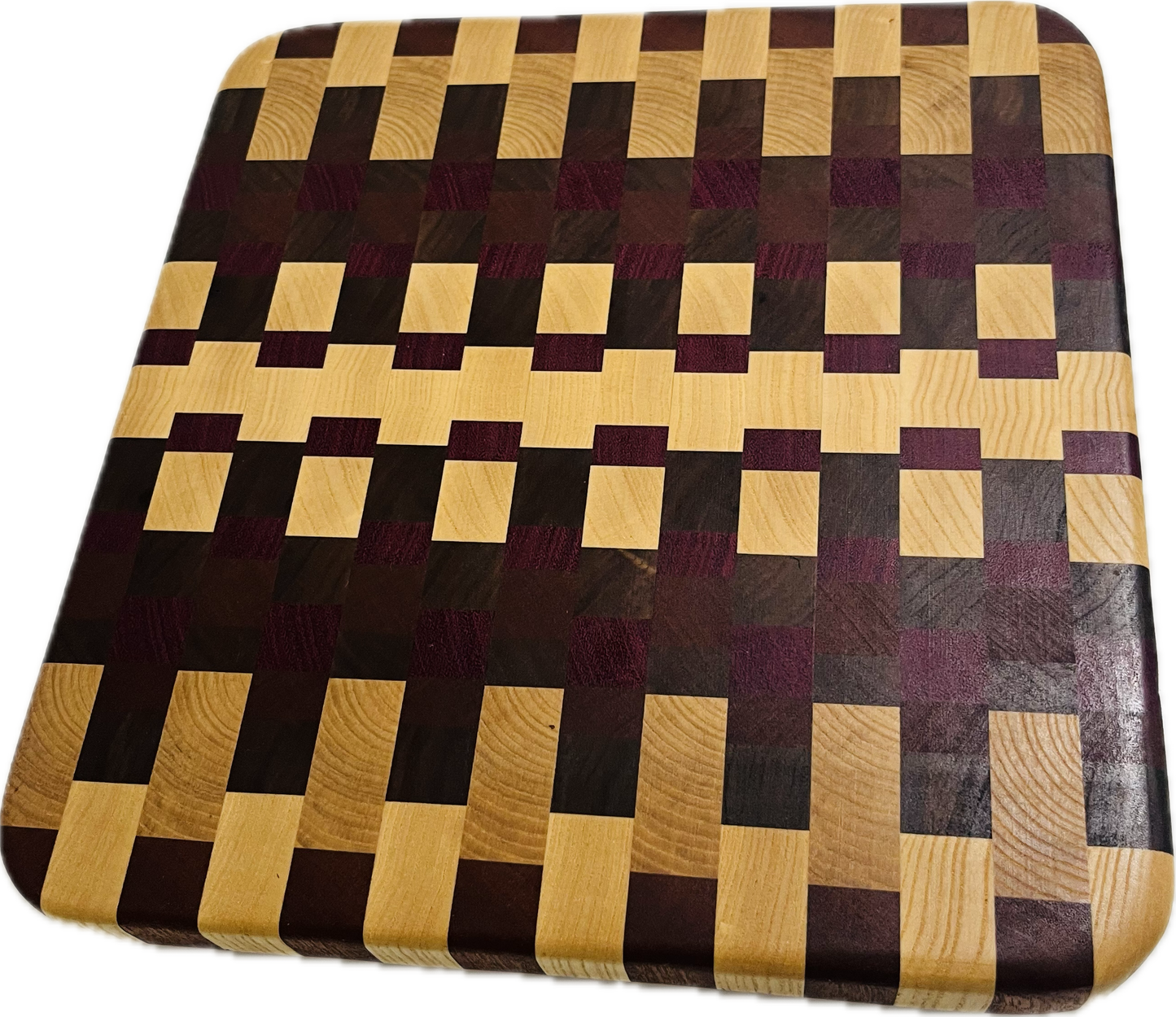 End grain board Purpleheart/ash/sapele/walnut 12”x 11.5”x 1”