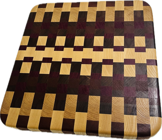 End grain board Purpleheart/ash/sapele/walnut 12”x 11.5”x 1”