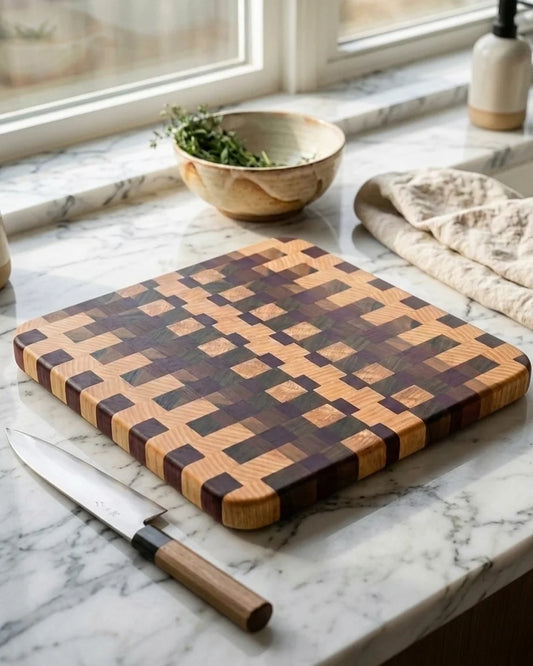 End grain board Purpleheart/ash/sapele/walnut 12”x 11.5”x 1”