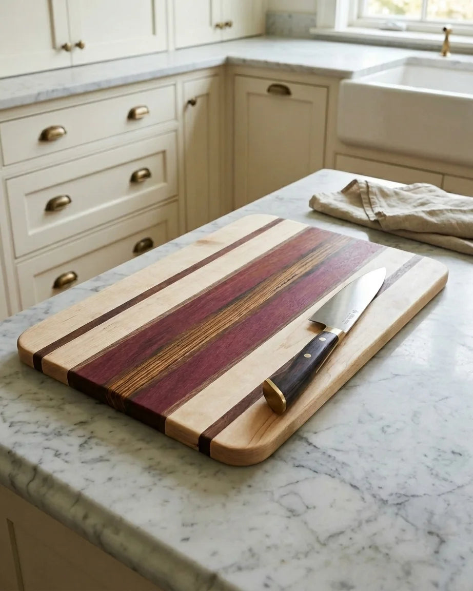 Side grain board purpleheart/maple/ zebrawood/walnut 18”x 12.25”x 3/4”