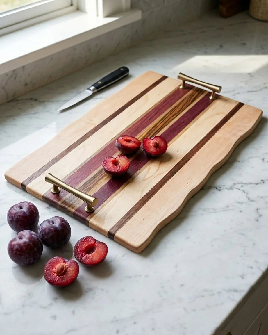 Cheese and Charcuterie Board (with handles) purpleheart/maple/zebrawood/walnut 18″ x 12” x 3/4”