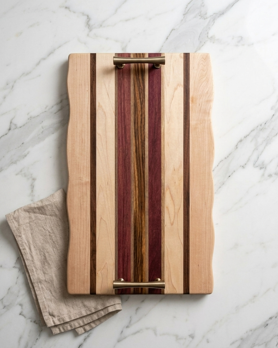 Cheese and Charcuterie Board (with handles) purpleheart/maple/zebrawood/walnut 18″ x 12” x 3/4”