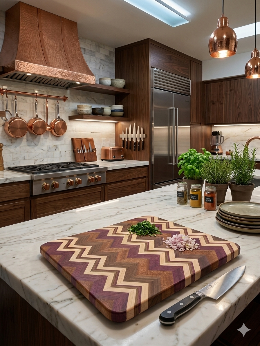 Chevron Board purpleheart/sapele/walnut/maple 14”x 12” x 0.75”