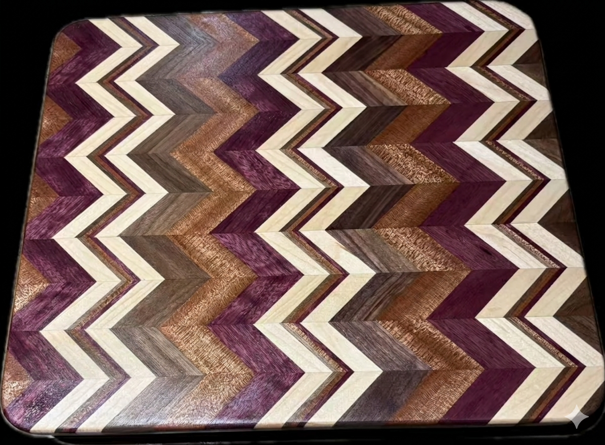 Chevron Board purpleheart/sapele/walnut/maple 14”x 12” x 0.75”