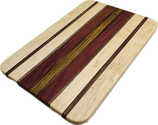 Side grain board purpleheart/maple/ zebrawood/walnut 18”x 12.25”x 3/4”