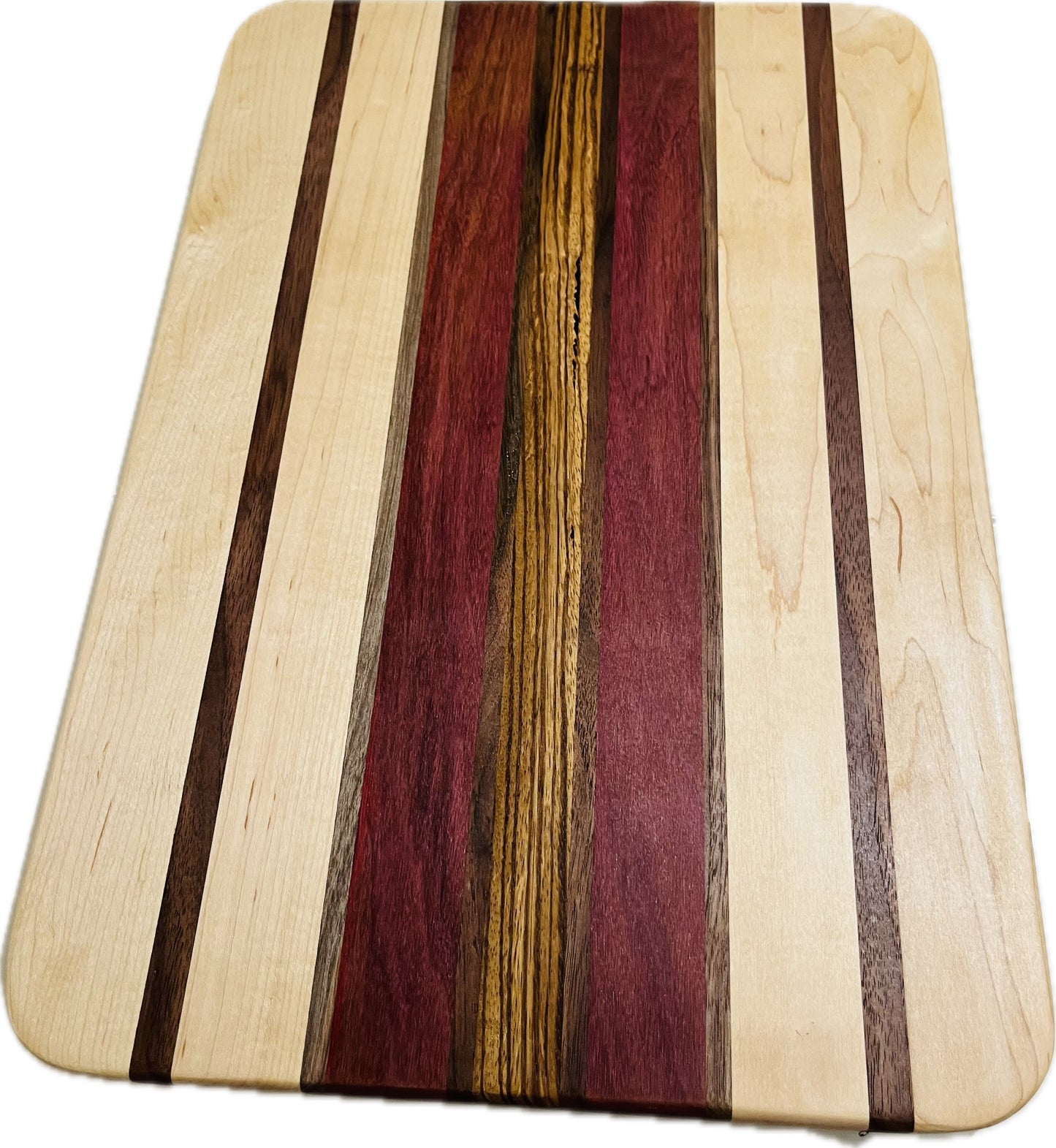 Side grain board purpleheart/maple/ zebrawood/walnut 18”x 12.25”x 3/4”