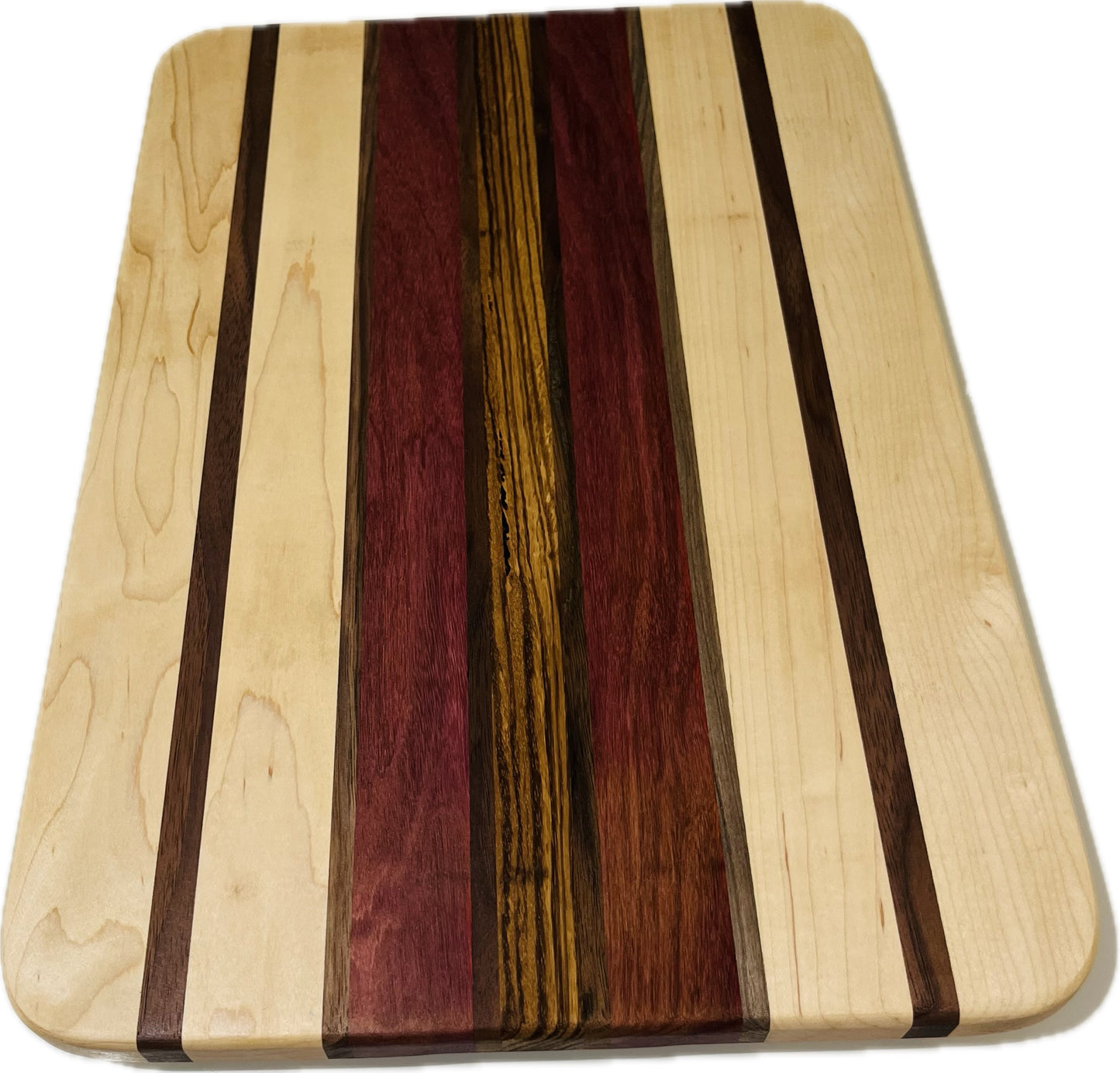 Side grain board purpleheart/maple/ zebrawood/walnut 18”x 12.25”x 3/4”