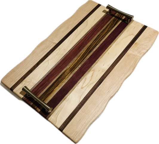 Cheese and Charcuterie Board (with handles) purpleheart/maple/zebrawood/walnut 18″ x 12” x 3/4”