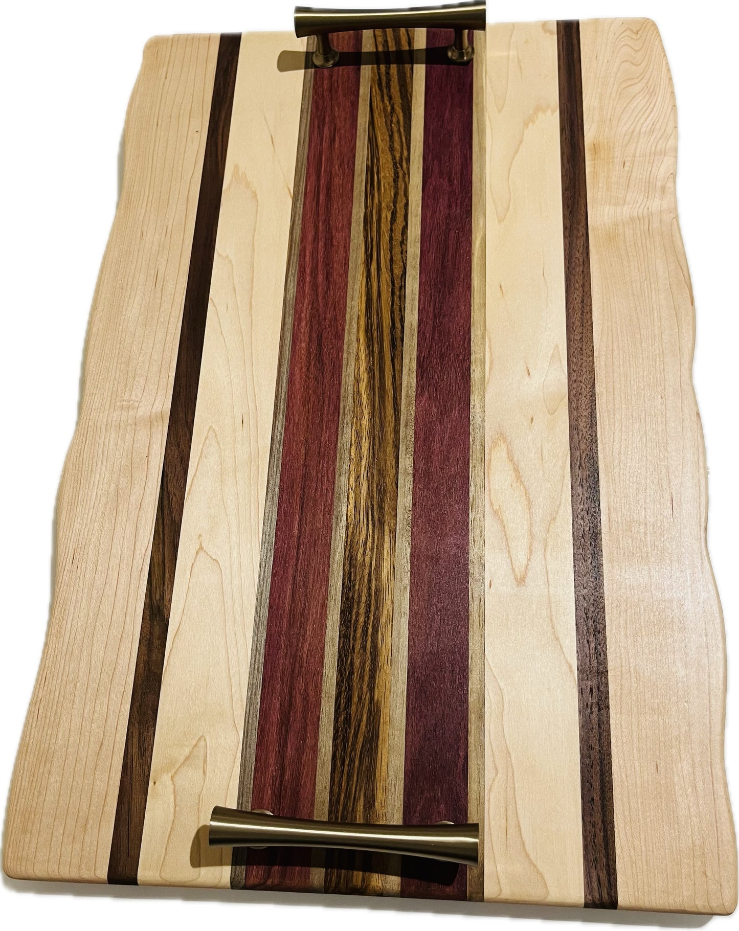 Cheese and Charcuterie Board (with handles) purpleheart/maple/zebrawood/walnut 18″ x 12” x 3/4”