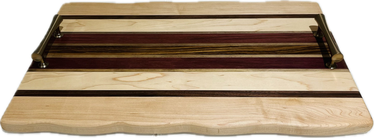 Cheese and Charcuterie Board (with handles) purpleheart/maple/zebrawood/walnut 18″ x 12” x 3/4”