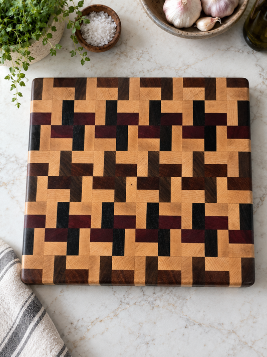 End Grain Tetris Board – Maple, Purpleheart, Walnut, Sapele & Wenge