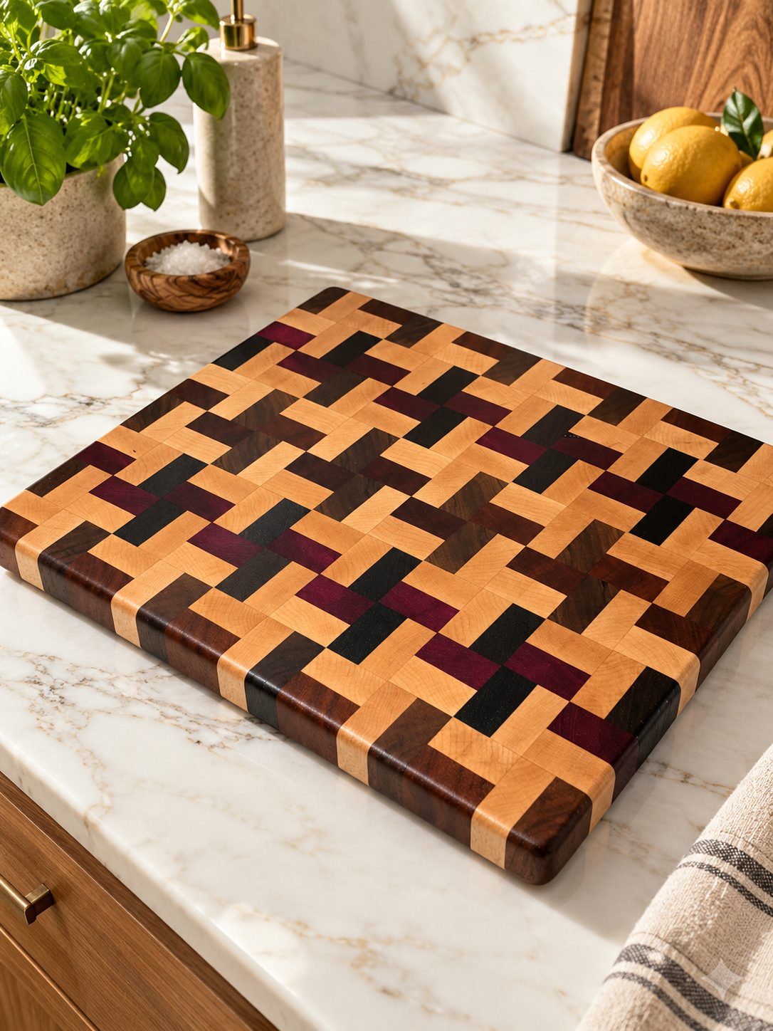 End Grain Tetris Board – Maple, Purpleheart, Walnut, Sapele & Wenge
